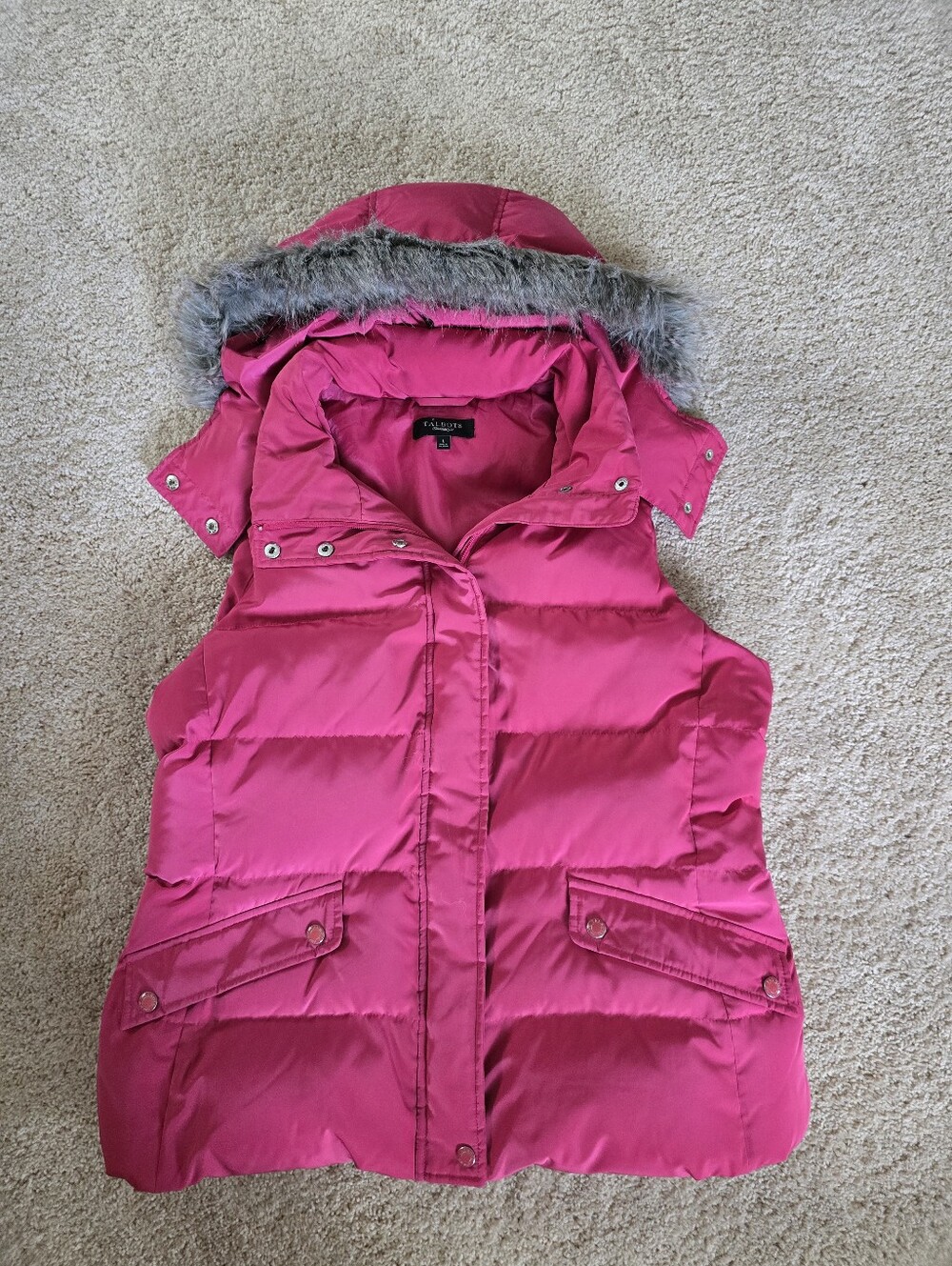 Talbots Womens Size Large Pink Down Blend Filled Puff Vest Faux Fur Trimmed Hood